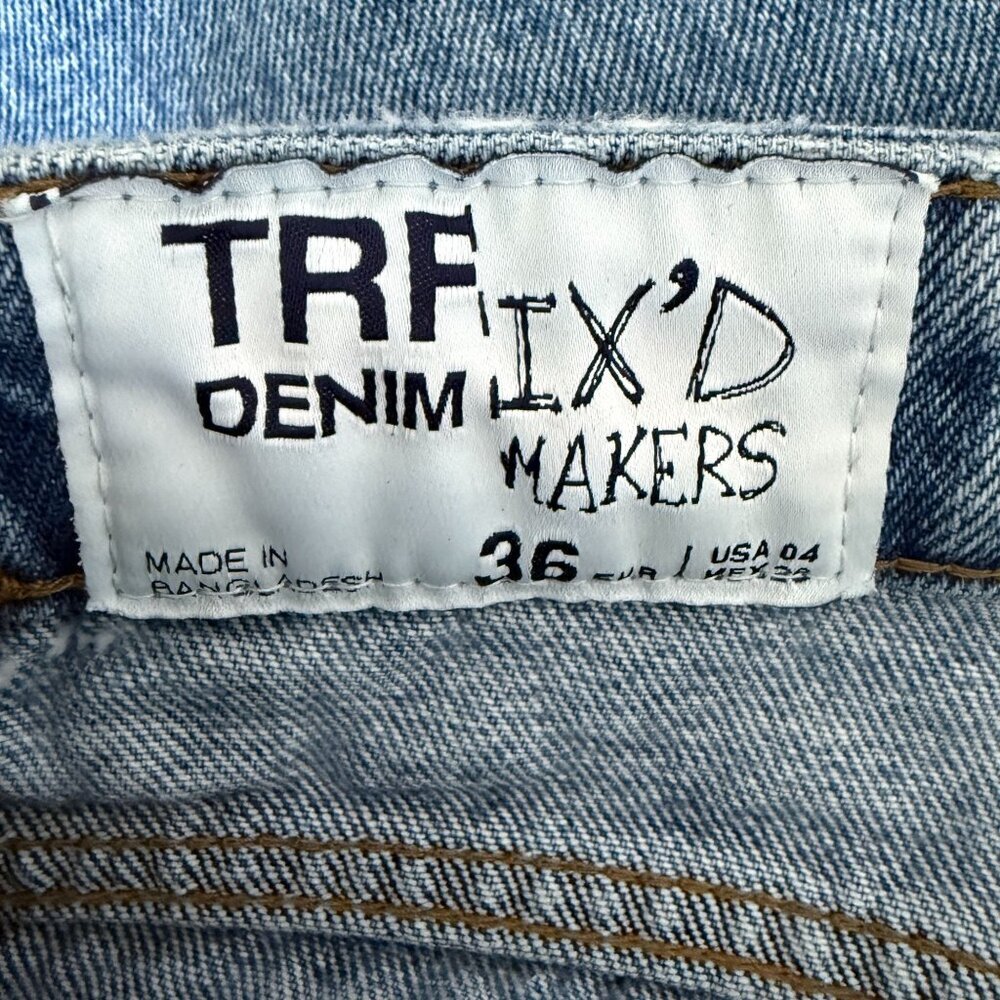 Zara Trf Denim Two Tone Raw Hem Distressed Straight Leg Jeans - Picture 5 of 8